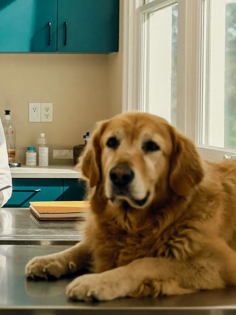 Retrato de un golden retriever de edad avanzada junto a la ventana de la clínica.